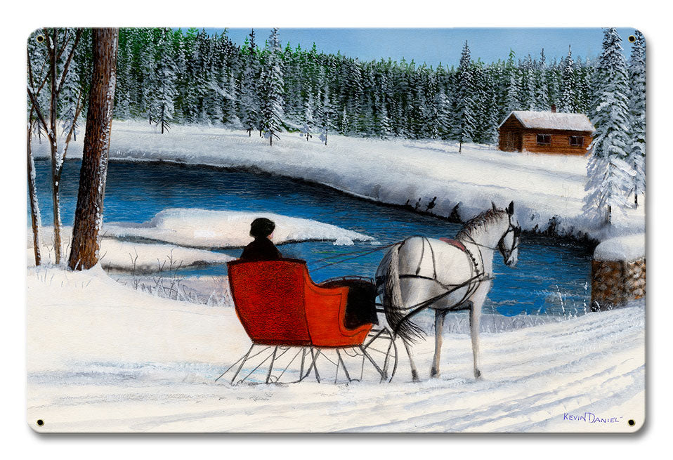 Sleigh Ride By The Stream, Featured Artists/Kevin Daniel Art, Satin, 18 X 12 Inches