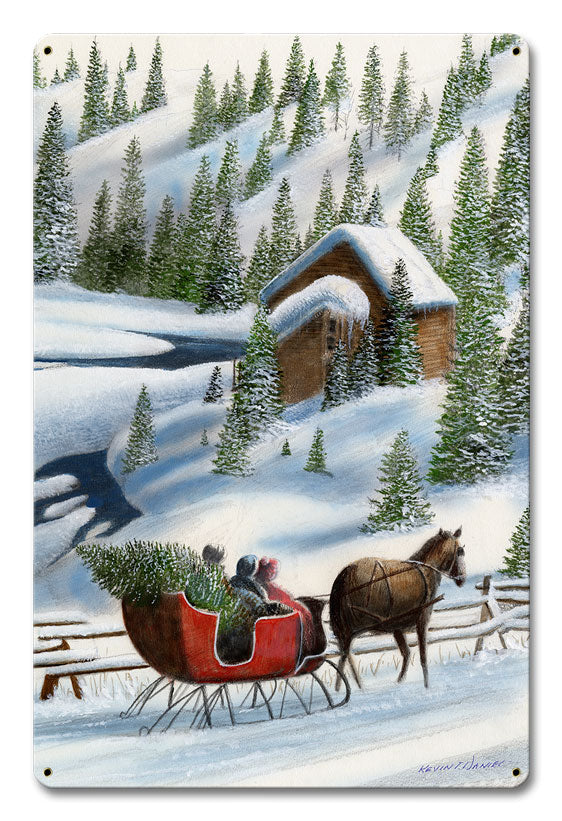 Sleigh And Pine Trees, Featured Artists/Kevin Daniel Art, Satin, 12 X 18 Inches