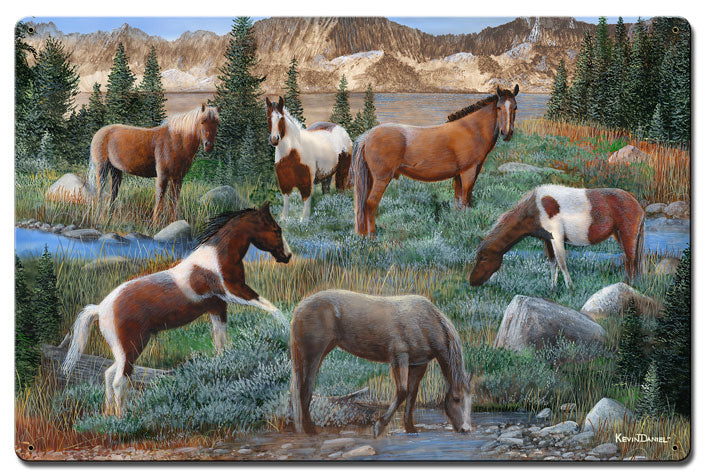 Horse Pack On Grass, Featured Artists/Kevin Daniel Art, Satin, 24 X 16 Inches