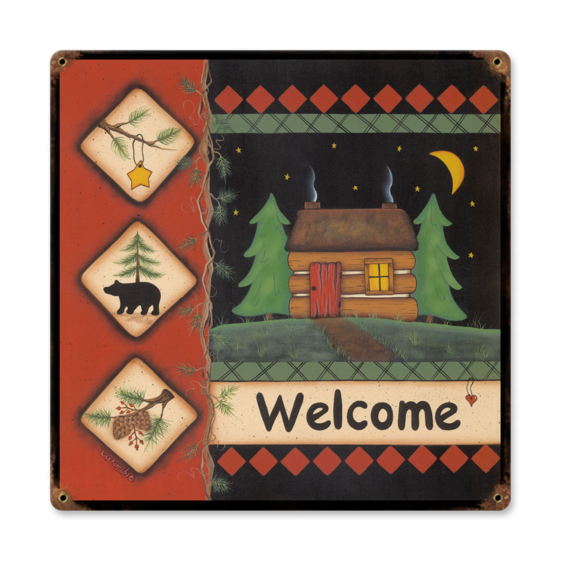Welcome Cabin, Home and Garden, Vintage Metal Sign, 18 X 18 Inches