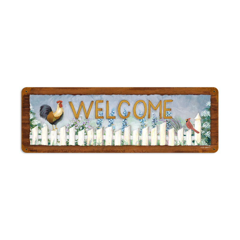 Welcome Rooster, Home and Garden, Vintage Metal Sign, 24 X 8 Inches