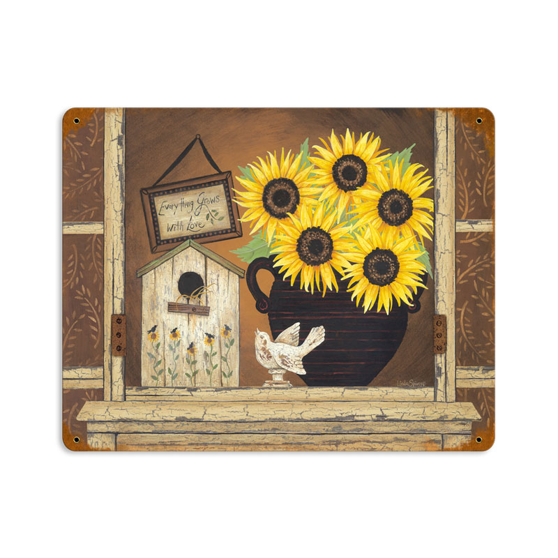 Grows with Love, Home and Garden, Vintage Metal Sign, 14 X 11 Inches