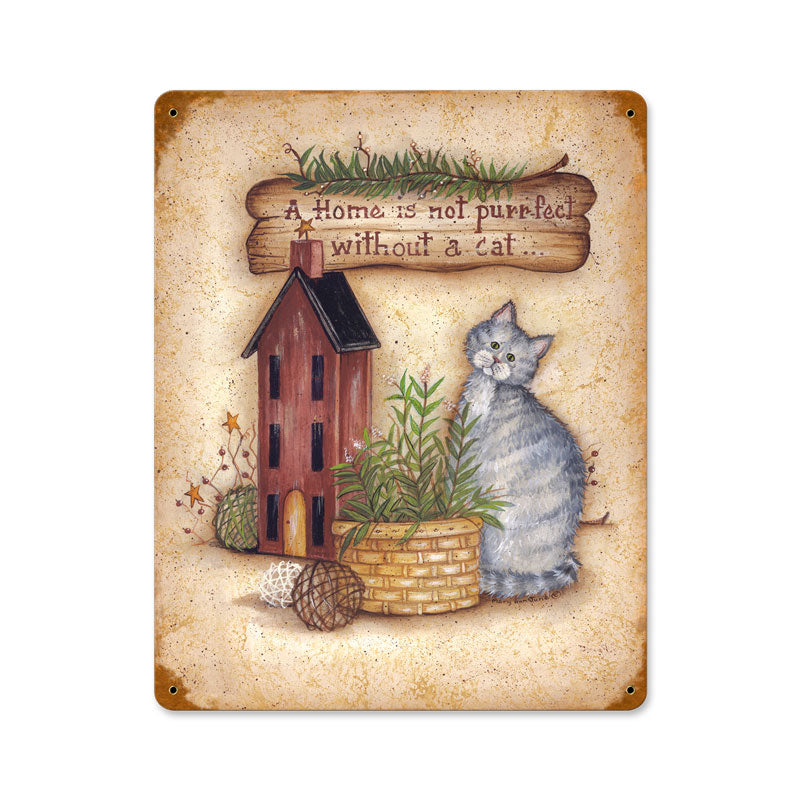 Home with Cat, Home and Garden, Vintage Metal Sign, 11 X 14 Inches