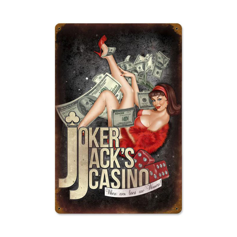 Joker Jacks Casino, Pinup Girls, Vintage Metal Sign, 12 X 18 Inches