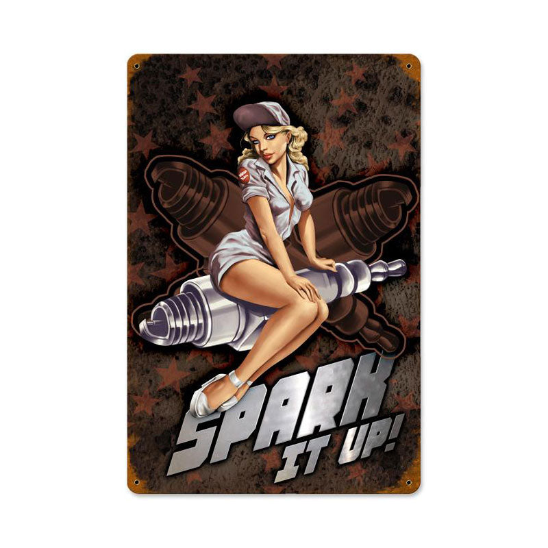 Spark It Up, Pinup Girls, Vintage Metal Sign, 18 X 12 Inches