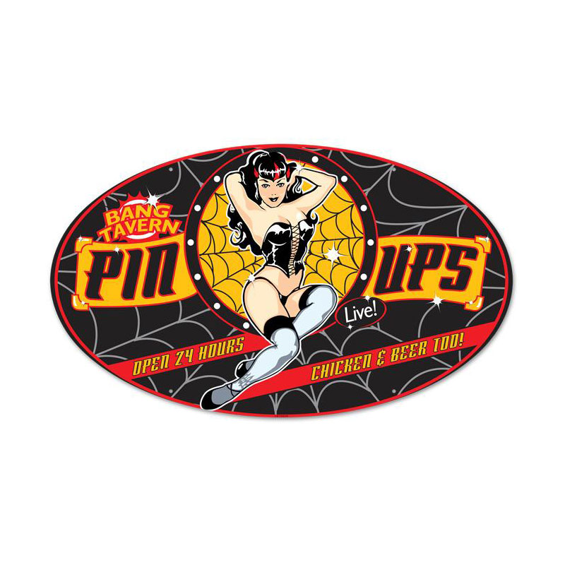 Bang Tavern, Pinup Girls, Oval Metal Sign, 24 X 14 Inches
