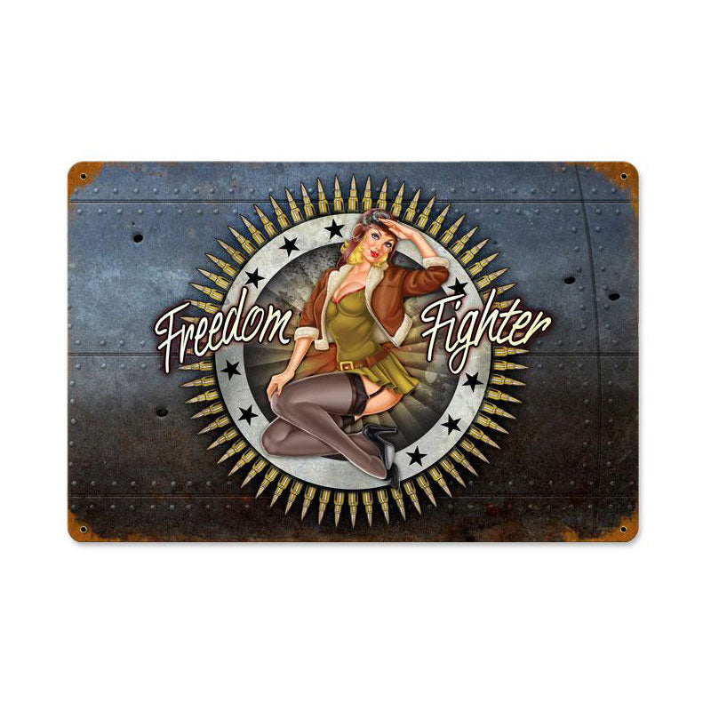 Freedom Fighter, Pinup Girls, Vintage Metal Sign, 18 X 12 Inches