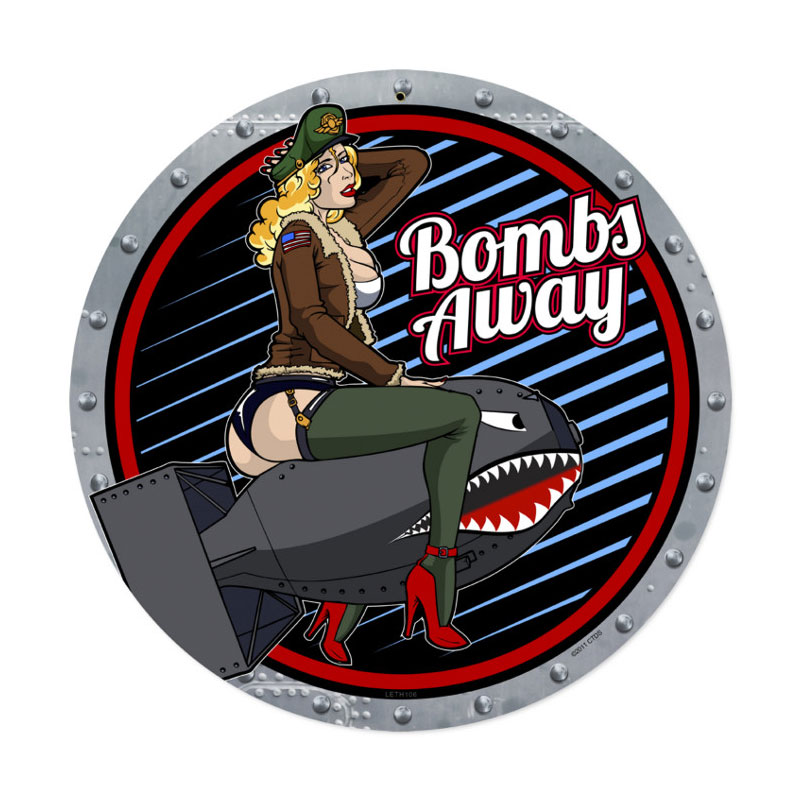 Bombs Away, Pinup Girls, Round Metal Sign, 14 X 14 Inches