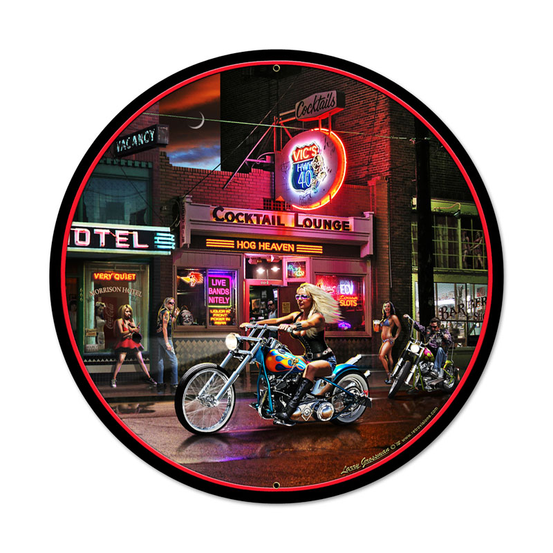 Biker Bar, Motorcycle, Round Metal Sign, 28 X 28 Inches