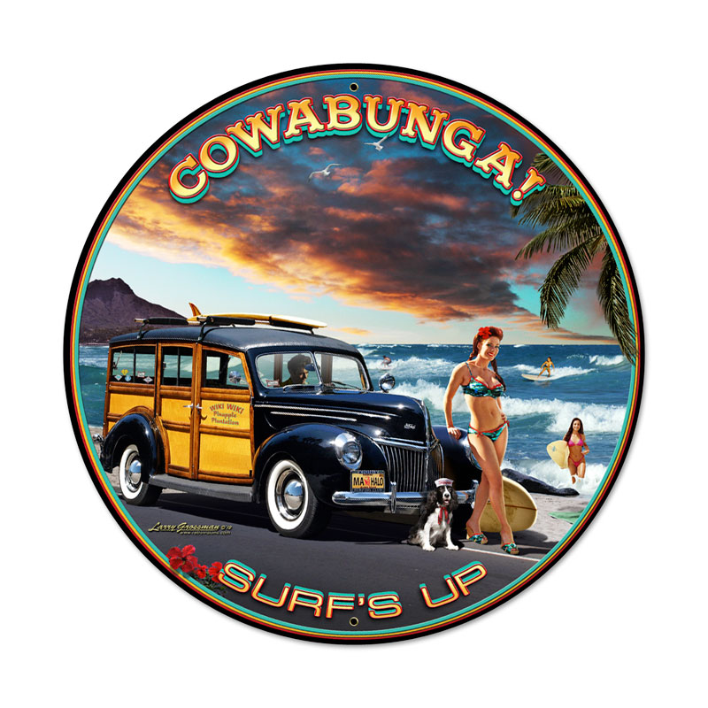 Cowabunga, Automotive, Round Metal Sign, 28 X 28 Inches