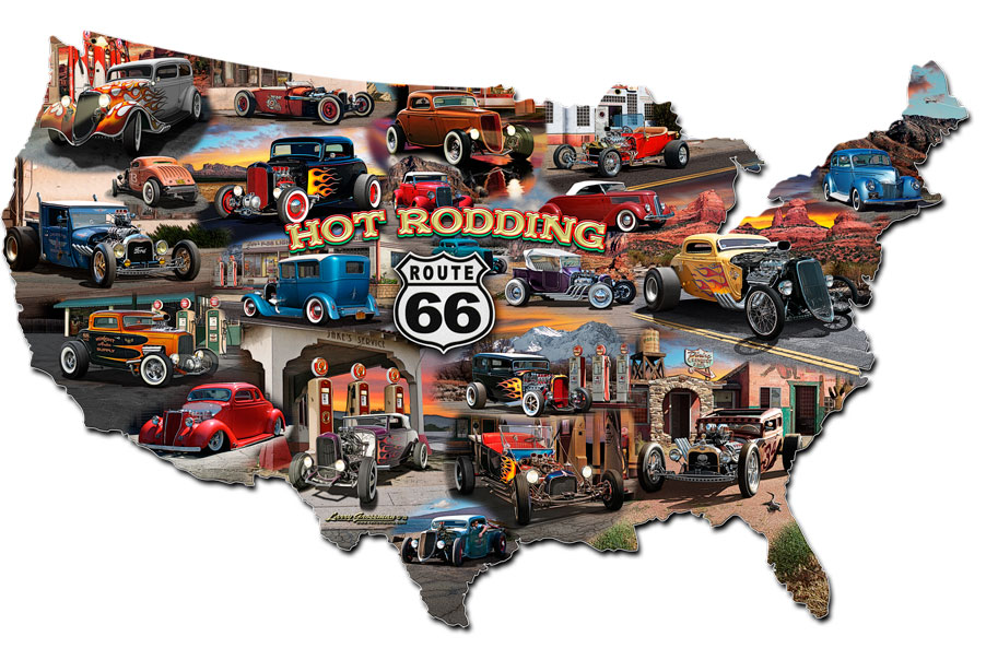 Hot Rod Route 66 Map, Automotive, PLASMA, 25 X 16 Inches