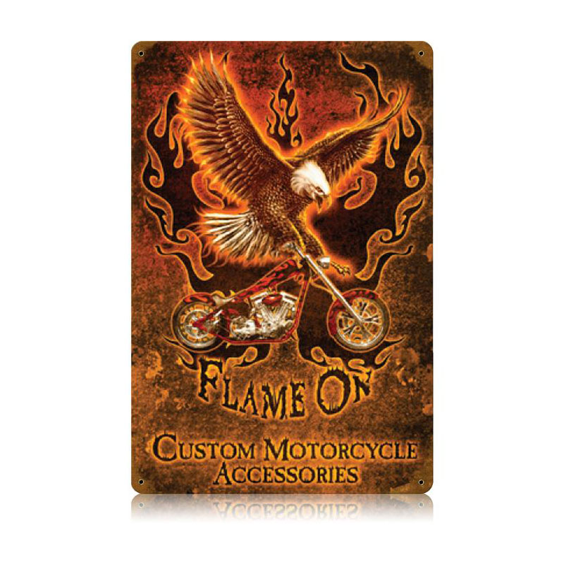 Flame On, Motorcycle, Vintage Metal Sign, 12 X 18 Inches