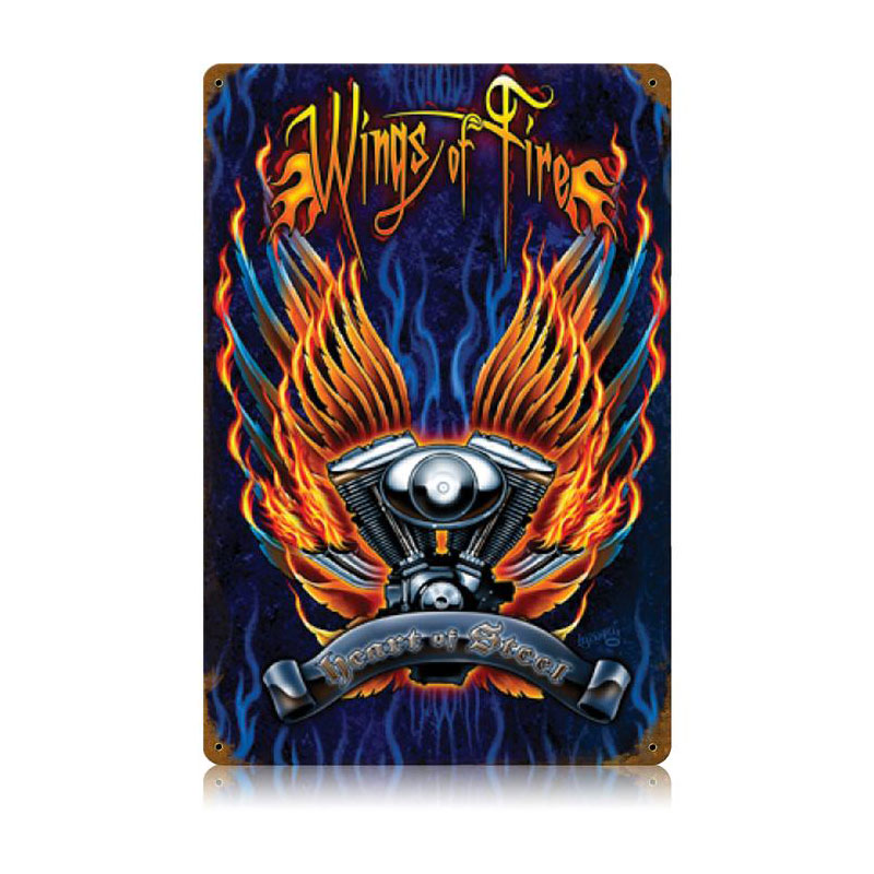 Wings of Fire, Motorcycle, Vintage Metal Sign, 12 X 18 Inches