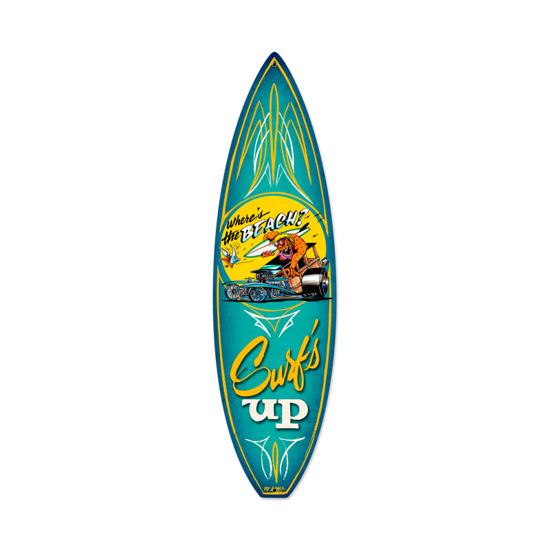 Wheres The Beach, Sports and Recreation, Surfboard Metal Sign, 6 X 22 Inches