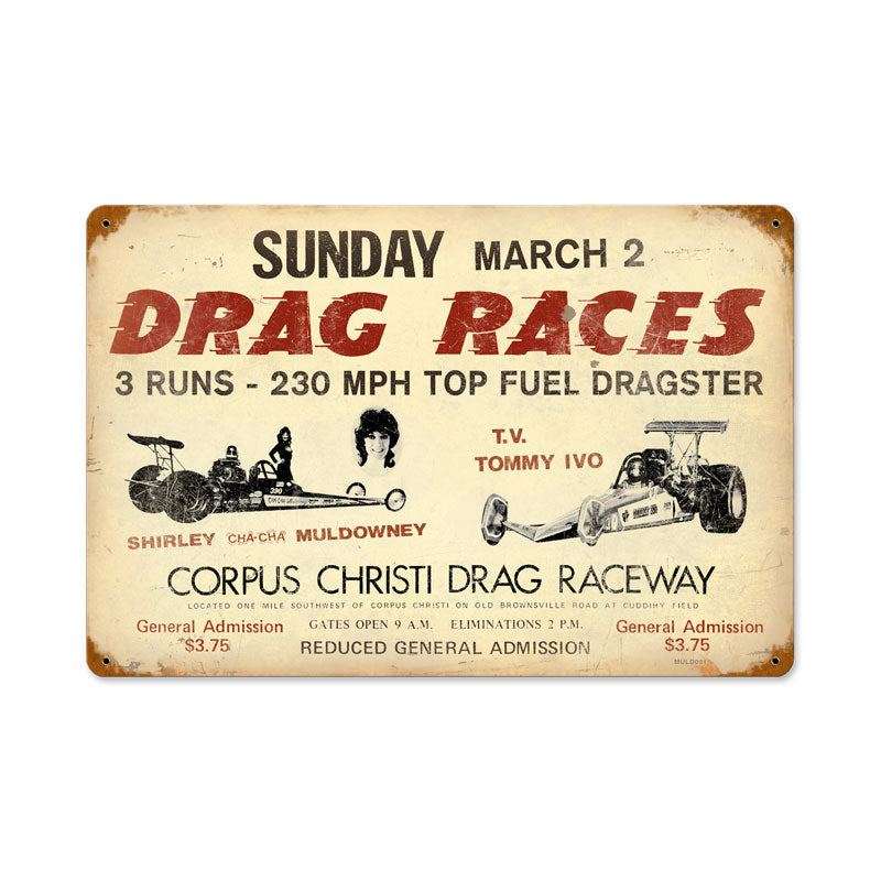 Drag Races, Automotive, Vintage Metal Sign, 18 X 12 Inches