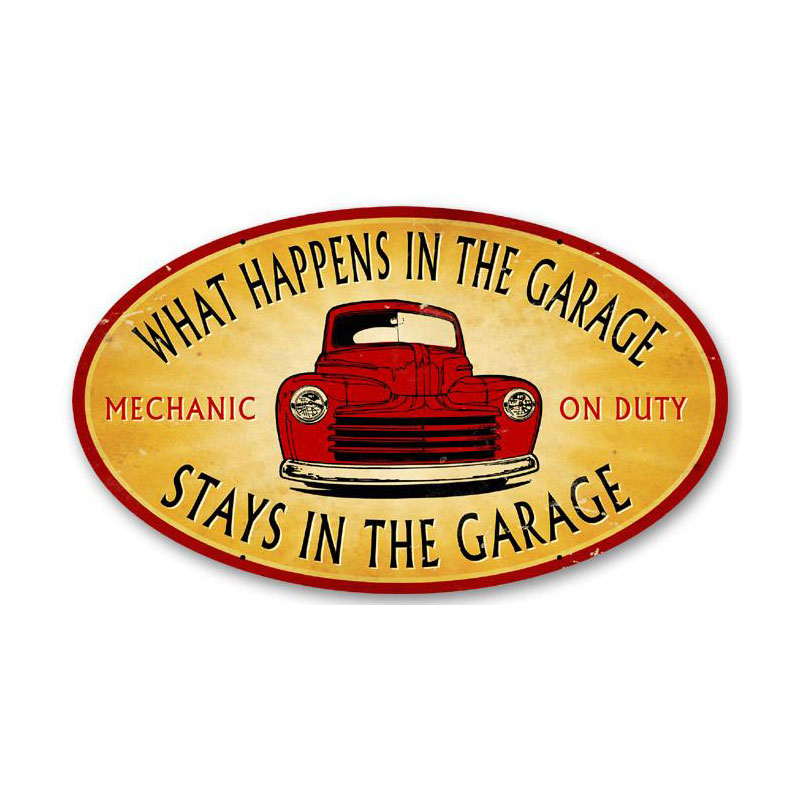 Stays in the Garage, Automotive, Oval Metal Sign, 14 X 24 Inches
