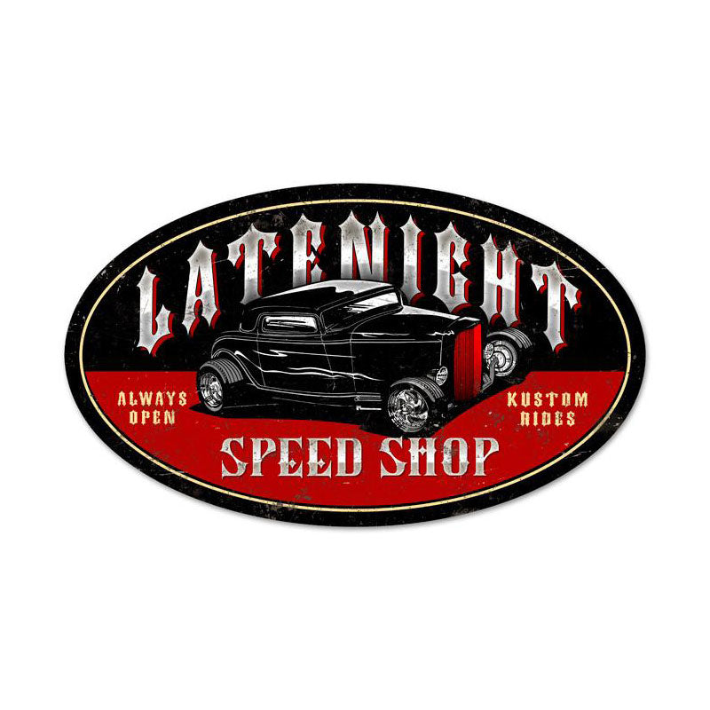Latenite Speed Shop, Automotive, Oval Metal Sign, 24 X 14 Inches