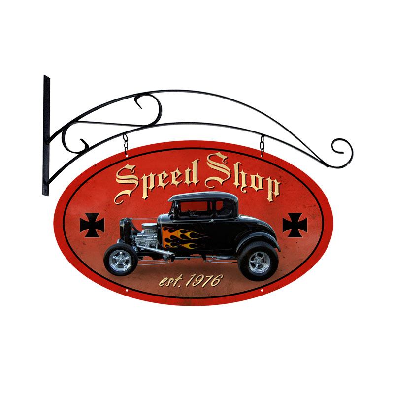 Speed Shop, Automotive, Double Sided Oval Metal Sign with Wall Mount, 24 X 24 Inches