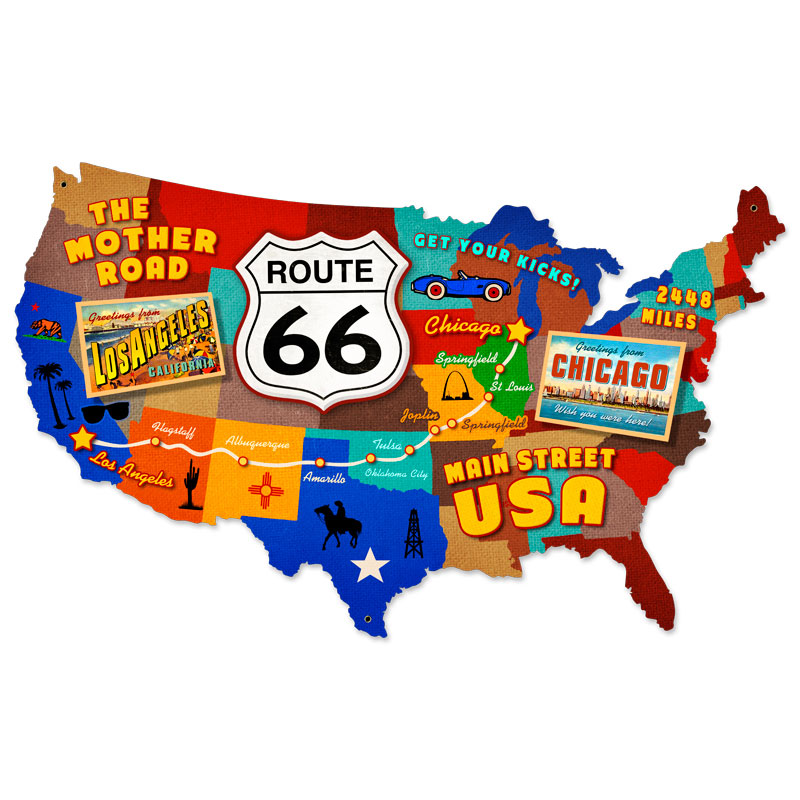 Route 66 USA, Automotive, Custom Metal Shape, 25 X 16 Inches
