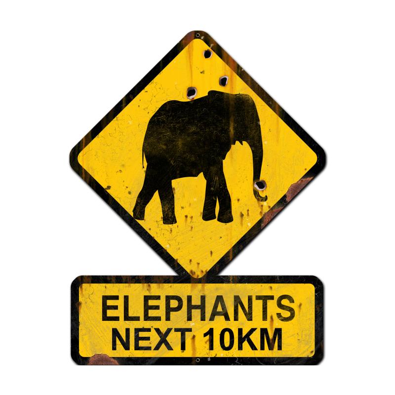 Elephants Crossing Next 10 km, Humor, Custom Metal Shape, 25 X 20 Inches