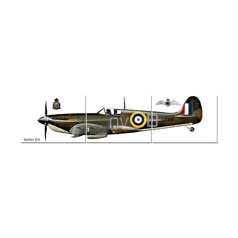 F Spitfire IIA Triptych, Aviation, Custom Metal Shape, 48 X 12 Inches