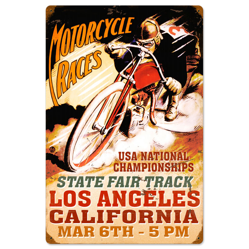 LA Motorcycle Races, Motorcycle, Vintage Metal Sign, 16 X 24 Inches