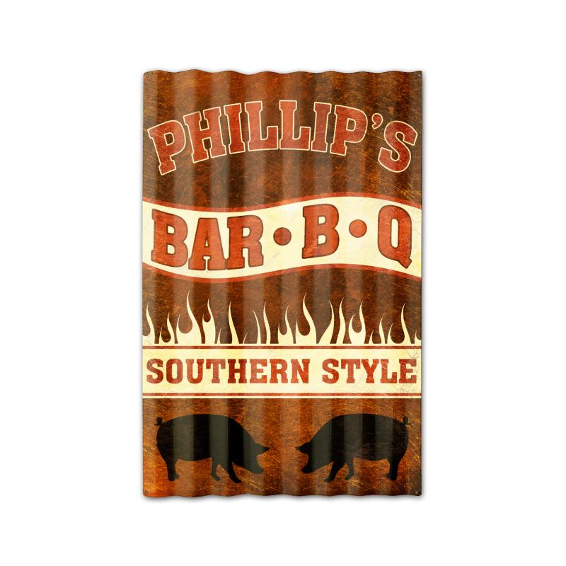 Phillipƒ??s BBQ Corrugated, Food and Drink, Corrugated Rustic Barn Wood Sign, 16 X 24 Inches