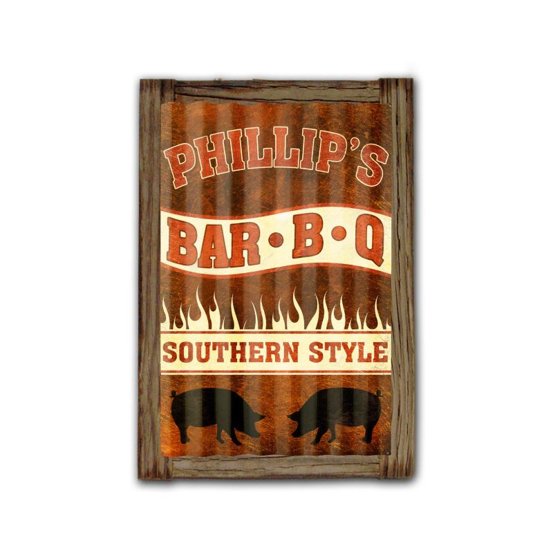 Phillip\'s BBQ Corrugated Framed, Food and Drink, Corrugated Rustic Barn Wood Sign, 16 X 24 Inches