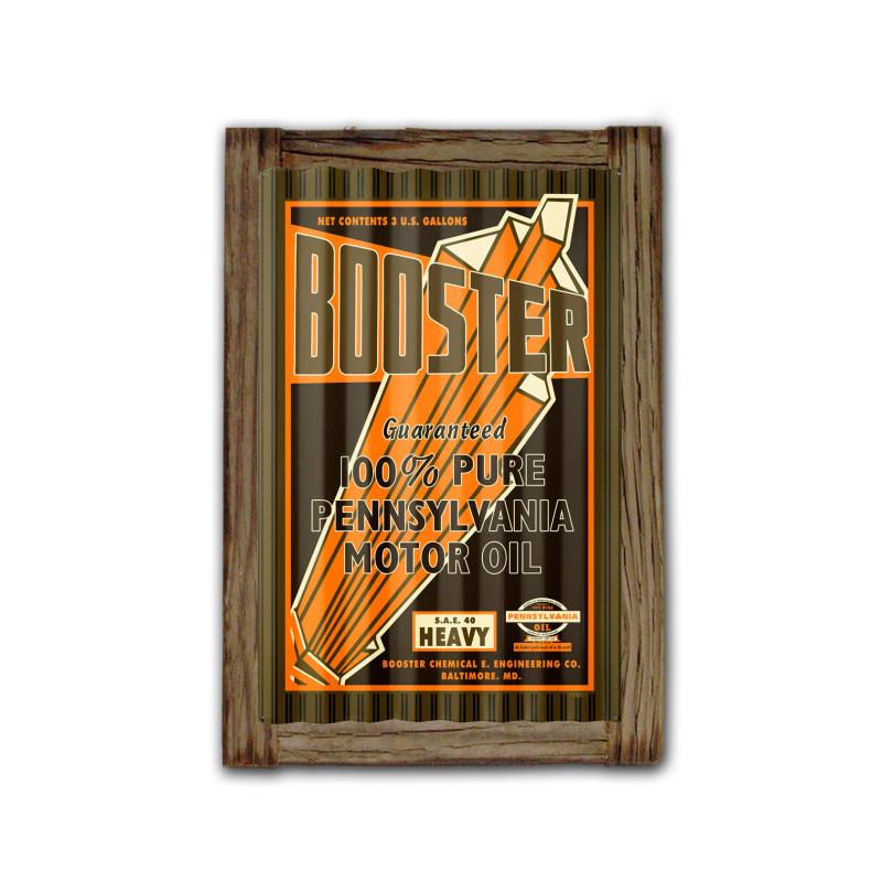 Booster Motor Oil Corrugated Framed, Food and Drink, Corrugated Rustic Barn Wood Sign, 16 X 24 Inches
