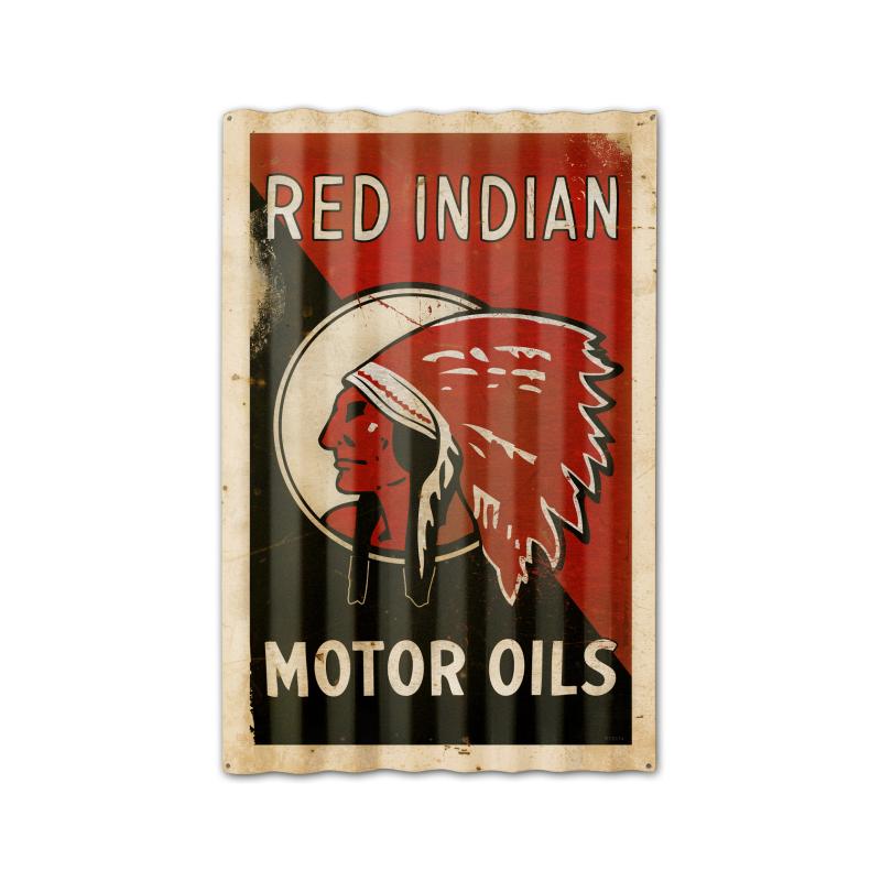 Red Indian Motor Oil Corrugated Framed, Automotive, Corrugated Rustic Barn Wood Sign, 16 X 24 Inches