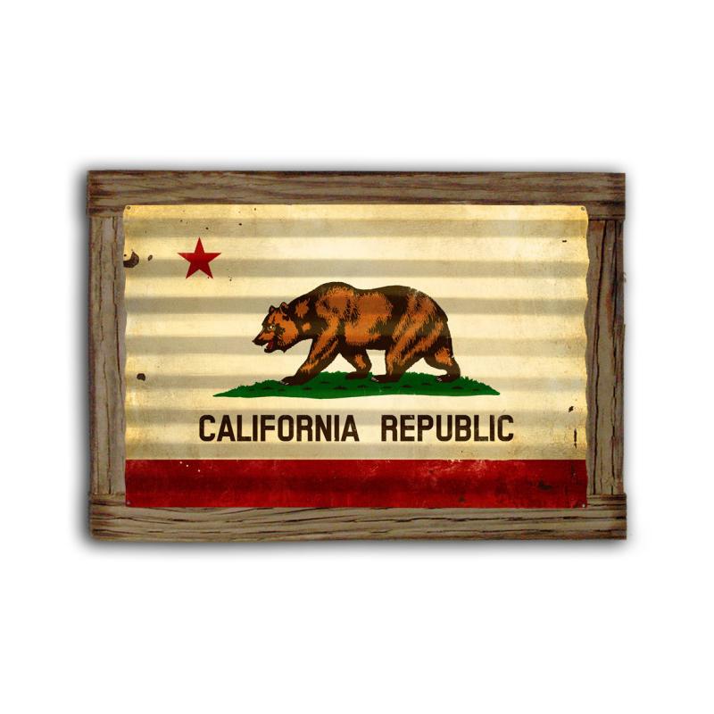 California Flag Corrugated Framed, Home and Garden, Corrugated Rustic Barn Wood Sign, 24 X 16 Inches
