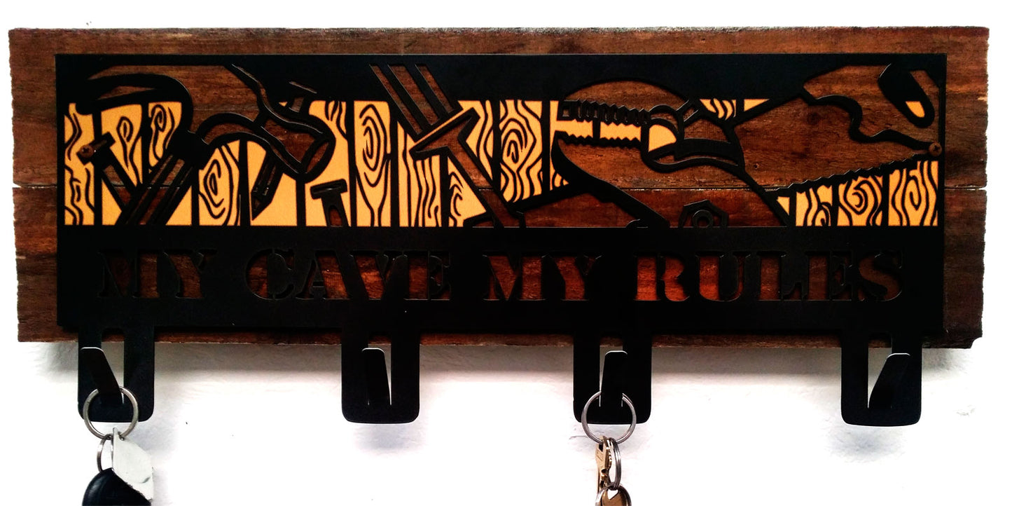 Tools My Cave My Rules Key Holder With Wood Backer, Home and Garden, Plasma with wood backer, 22 X 9 Inches