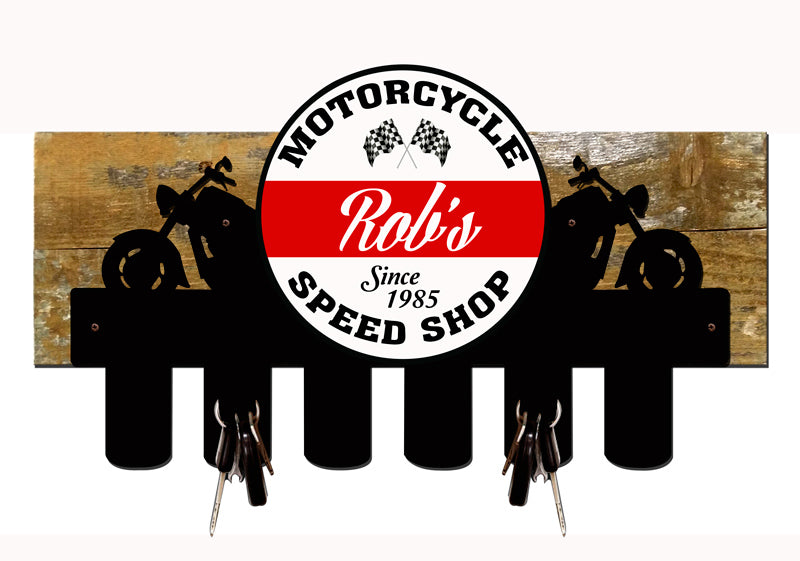 Motorcycle Shop Key Holder With Wood Backing Personalized, Home and Garden, Key holder with wood backing, 20 X 12 Inches