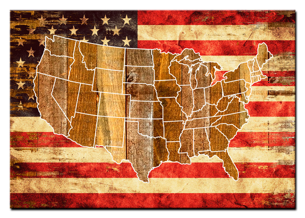 USA FLAG MAP PRINTED ON WOOD, Category/Home and Garden, WOOD PRINT, 26 X 18 Inches