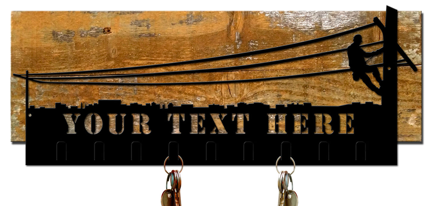 LINEMAN KEY HOLDER PERSONALIZED CUT OUT SHAPE ON WOOD BACKER, Category/Other/Occupational, PLASMA KEY HOLDER PERSONALIZED CUT OUT SHAPE WOOD BACKER, 22 X 9 Inches