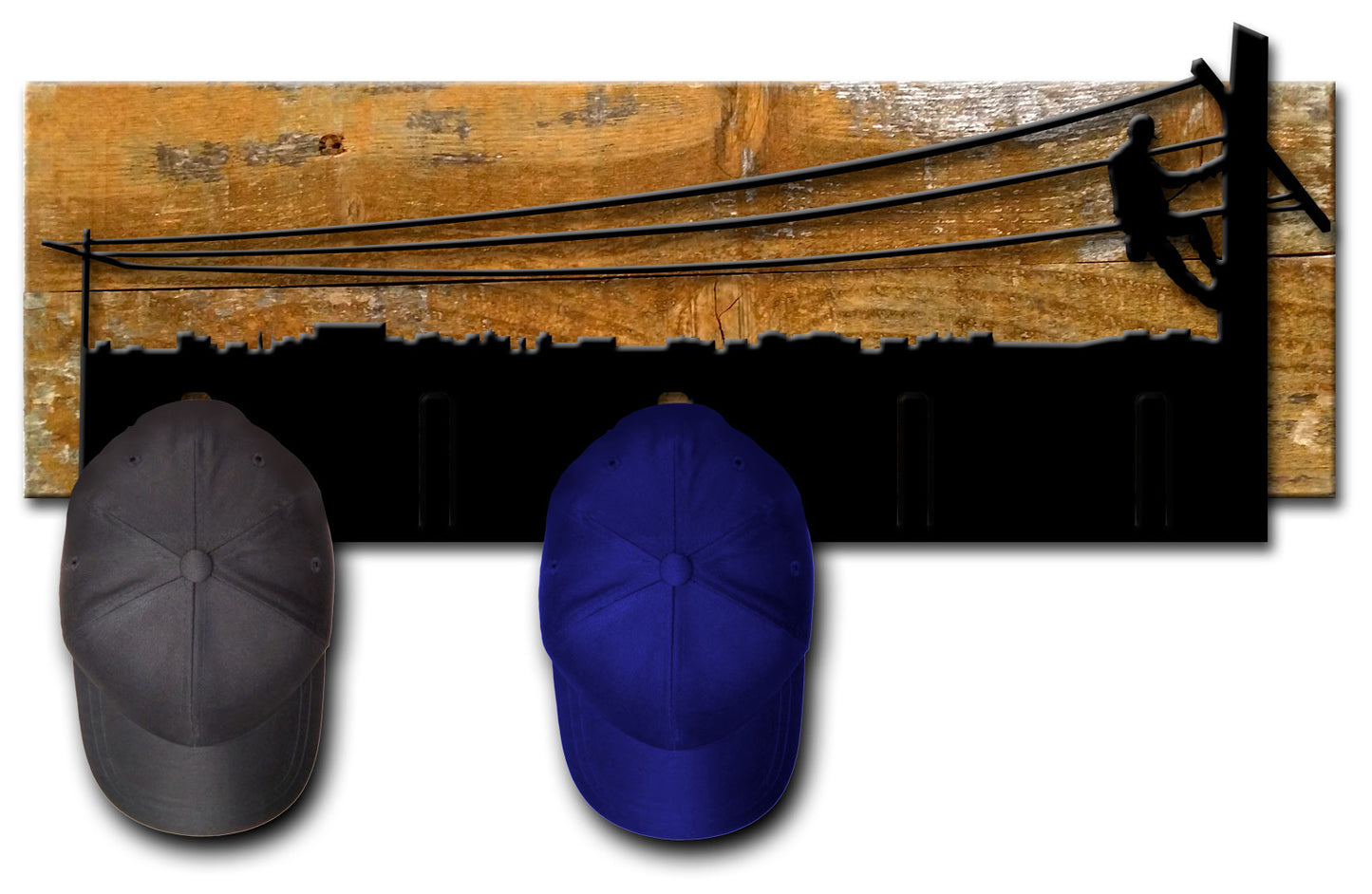 LINEMAN CAP HOLDER ON WOOD BACKING, Category/Other/Occupational, PLASMA SHAPE CAP HOLDER ON WOOD BACKING, 22 X 9 Inches