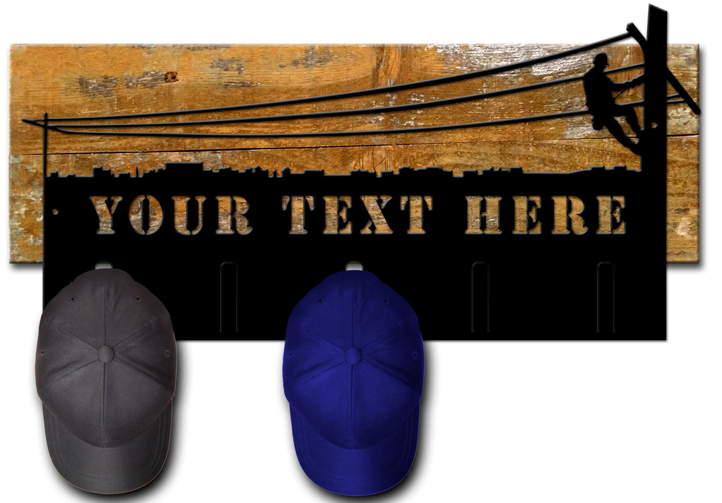 LINEMAN CAP HOLDER PERSONALIZED CUT OUT ON WOOD BACKING, Category/Other/Occupational, PLASMA CAP HOLDER PERSONALIZED CUT OUT ON WOOD BACKING, 22 X 9 Inches