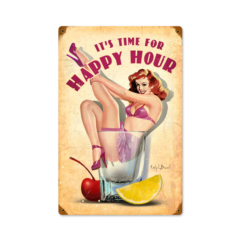 Happy Hour, Pinup Girls, Vintage Metal Sign, 12 X 18 Inches