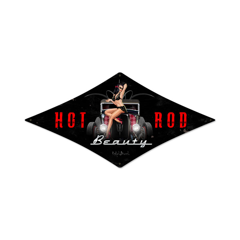 Hot Rod Beauty, Pinup Girls, Diamond Metal Sign, 22 X 14 Inches