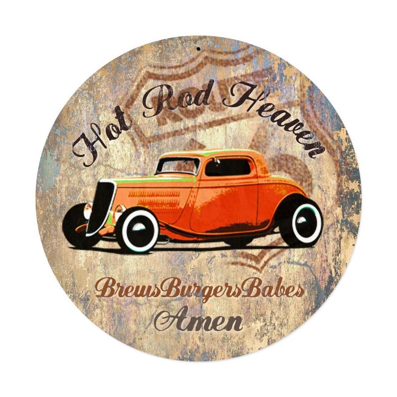 Hot Rod Heaven, Automotive, Round Metal Sign, 14 X 14 Inches