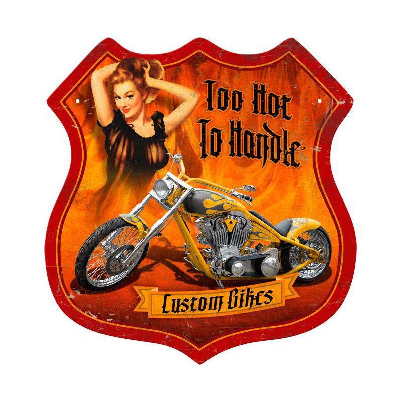 Flames Pinup, Motorcycle, Shield Metal Sign, 15 X 15 Inches