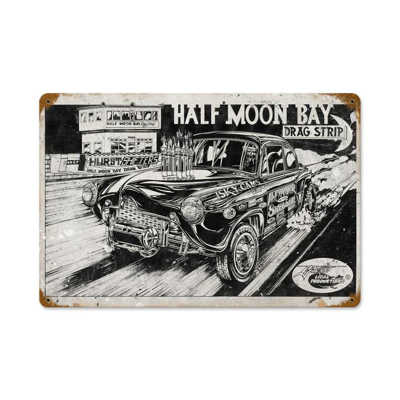 Half Moon Bay Drag Strip, Automotive, Vintage Metal Sign, 12 X 18 Inches
