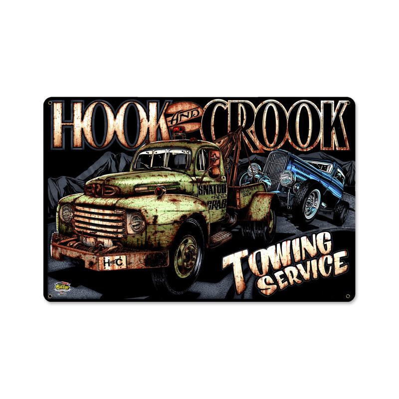 Hook Crook Towing, Automotive, Metal Sign, 18 X 12 Inches