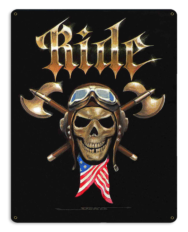 RIDE SKULL, Featured Artists/Stan Stokes, Satin Metal Sign, 15 X 12 Inches