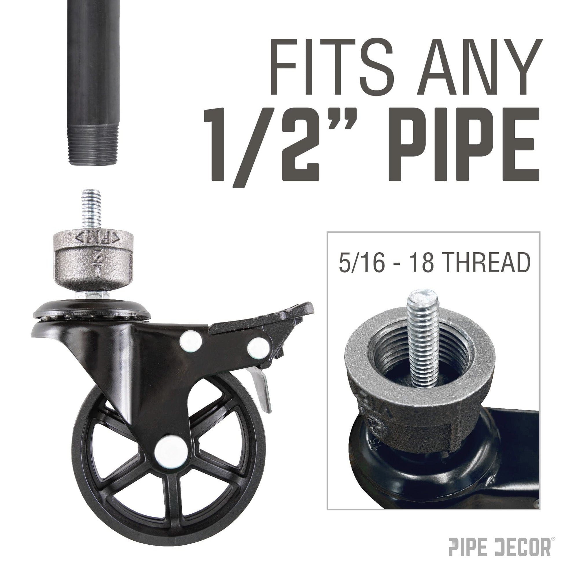 Swivel Caster Wheels for  ½” Pipe with Locking Mechanism (4-Pack)