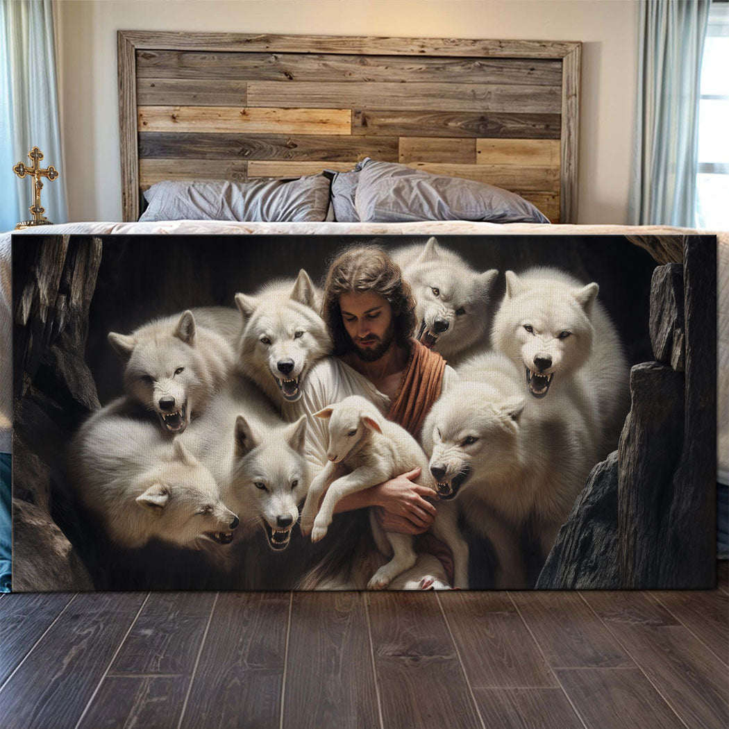 Jesus Protects The Lamb From Wolves Faith Wall Art IV