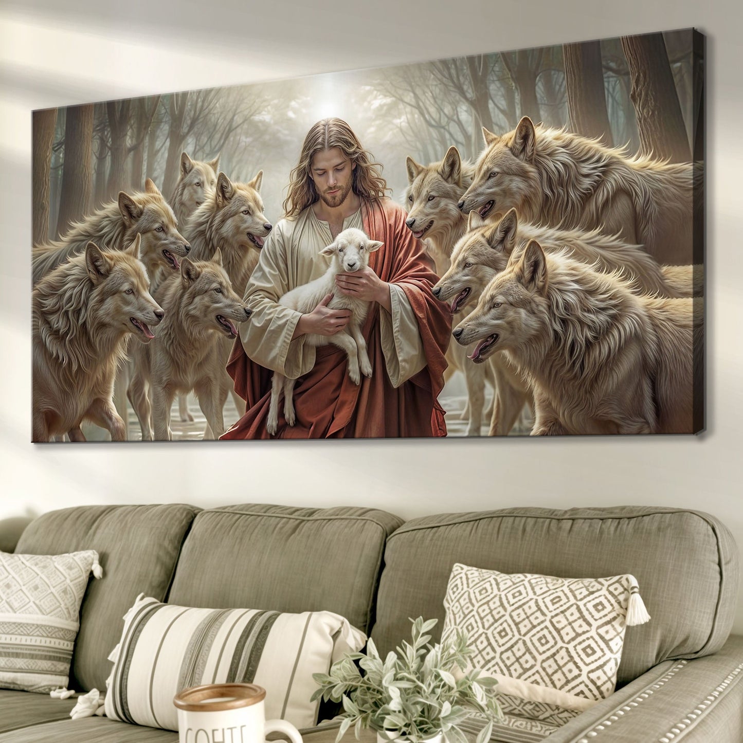 Jesus Protects The Lamb From Wolves Faith Wall Art II