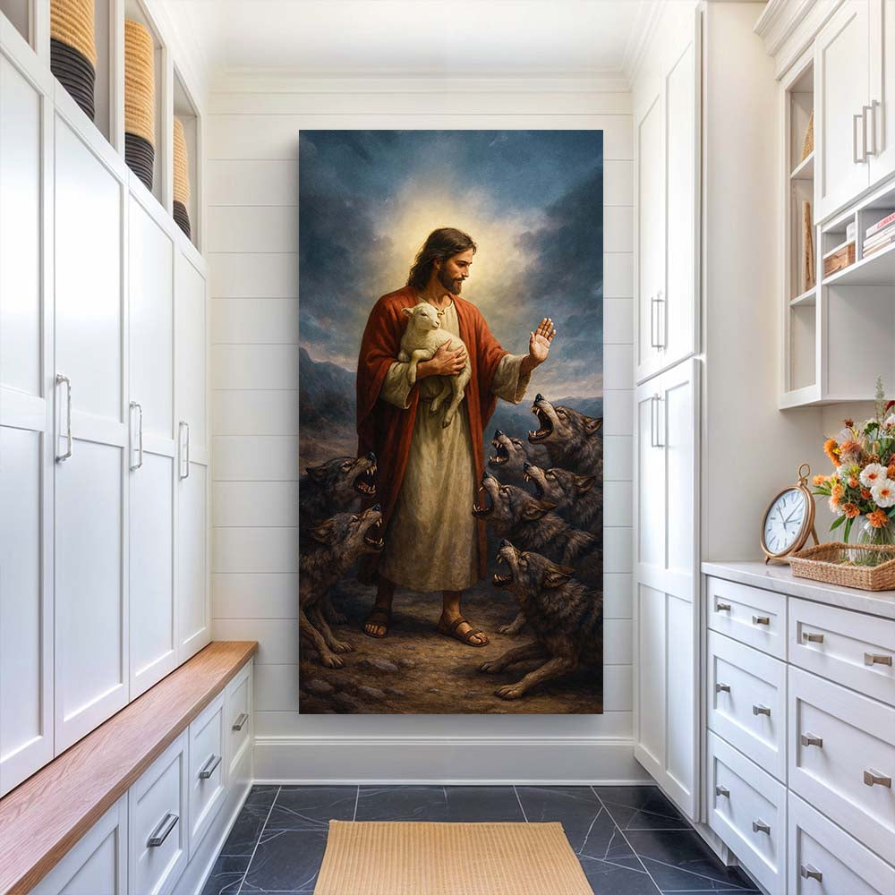 Jesus Protects The Lamb From Wolves Faith Wall Art V
