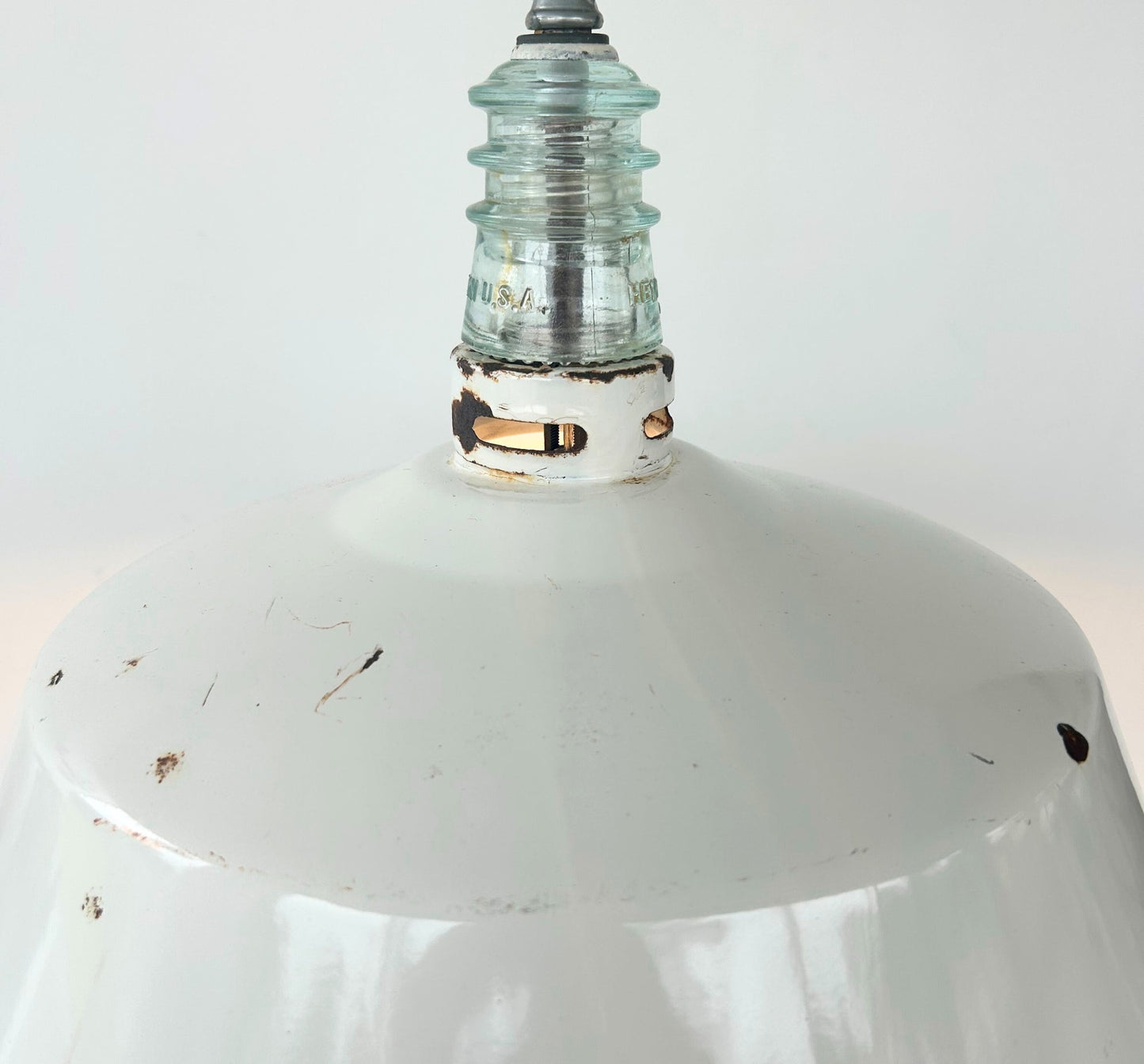 Antique White Enamel Pendant Light with Glass Insulator