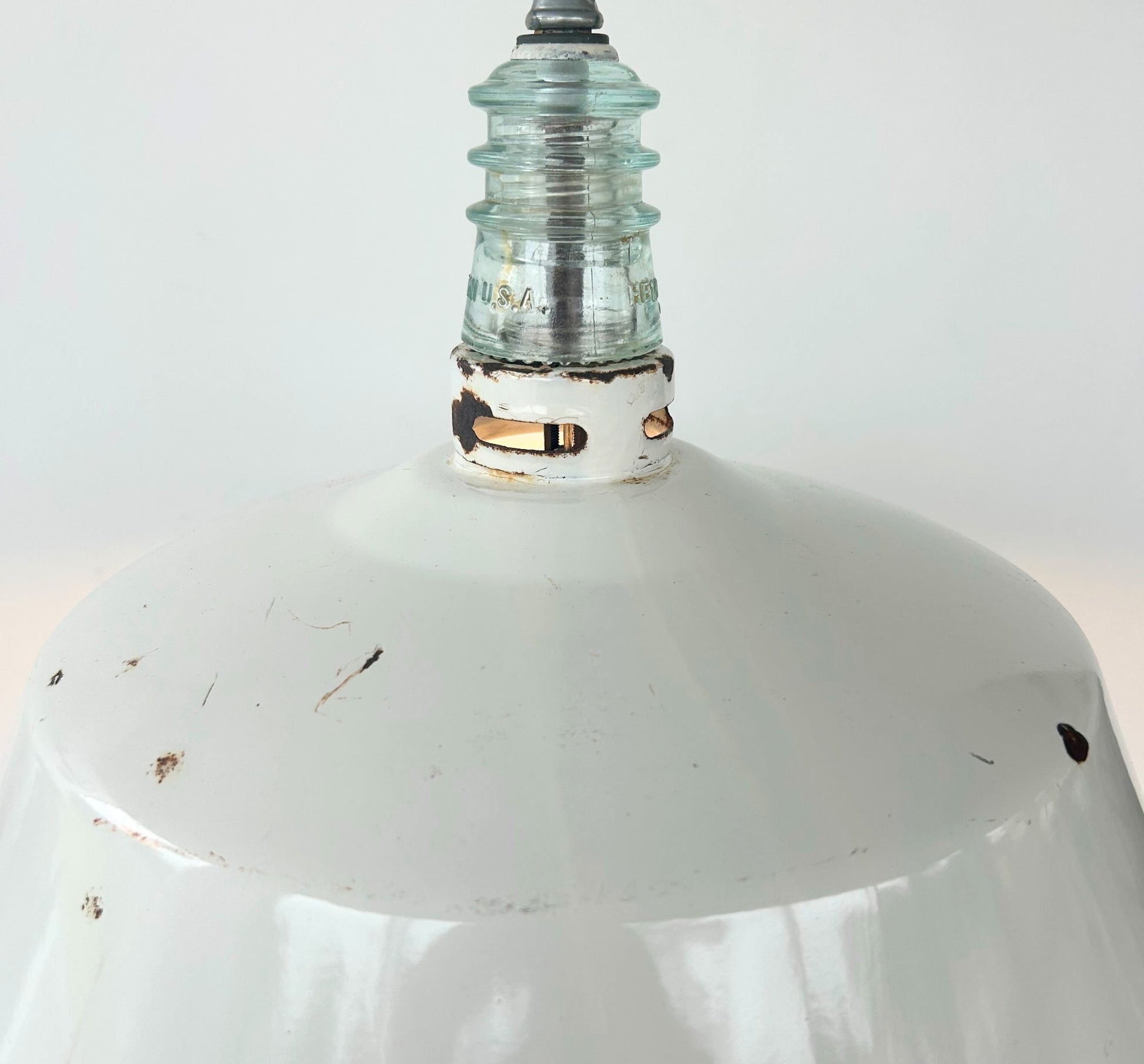 Antique White Enamel Pendant Light with Glass Insulator